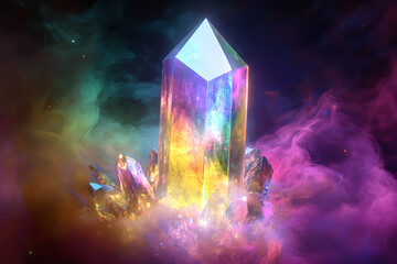Prismatic Dawn: The Ethereal Dance of Light Within a Luminous Crystal Tower