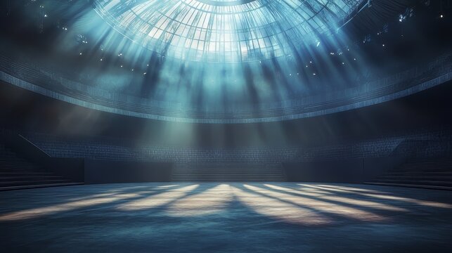 A stadium with a blue sky and a bright sun shining through the roof. The stadium is empty and the seats are empty