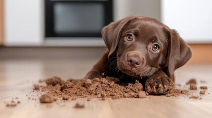 Obraz na płótnie Canvas An adorable puppy is playfully lying in the kitchen, surrounded by a mess of dirt, capturing the playful spirit of pets and evoking feelings of joy, mischief, and love in the home.