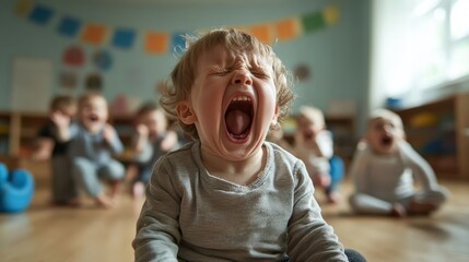 A young child sits in the foreground, crying loudly, while other children can be seen blurred in the background, conveying a vivid sense of childhood emotions and dynamics.