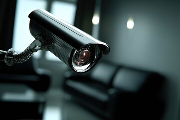 A high-tech security camera monitoring a room, showcasing advanced surveillance technology and security measures for indoor protection and crime prevention.