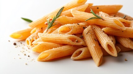 An appetizing pile of vibrant pasta, garnished with fresh herbs and spices, creates an inviting culinary scene that tempts food lovers and showcases gastronomy at its best.