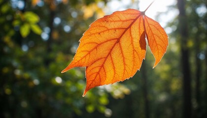 Obraz premium Vibrant orange leaf glowing in sunlight against forest background 