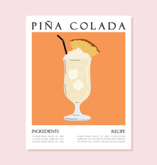 Summer drink poster cartoon flat. Pina Colada cocktail recipe concept wall art. Trendy print