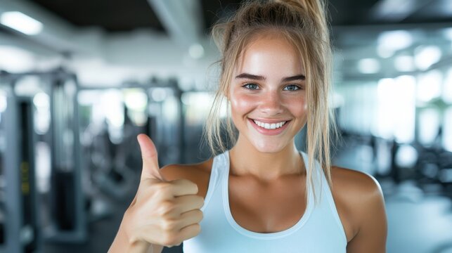 An inspiring fitness enthusiast smiling confidently in a gym, embodying motivation, positivity, and a commitment to health and wellness in a modern workout environment.
