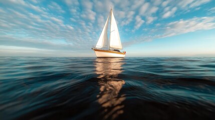 A serene sailing boat gracefully floats on calm waters, reflecting the colors of the sky and creating a peaceful atmosphere perfect for relaxation and contemplation.