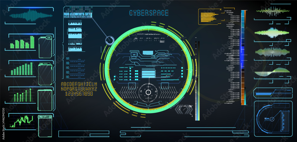 Poster visual representation of a futuristic digital interface featuring data metrics and interactive eleme
