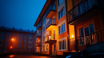 Obraz premium Urban evening cityscape showcasing residential buildings amidst twilight