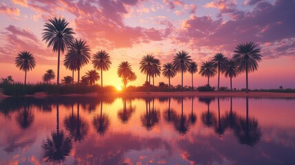 A vibrant sunset reflects on a calm body of water, surrounded by palm trees.