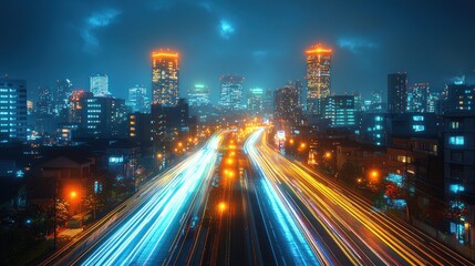 Obraz premium City at Night with Light Trails of Traffic on the Highway