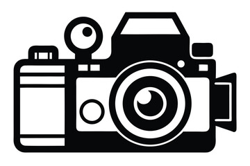 Simplified black analog camera showcases vintage photography in a bold monochrome abstract form