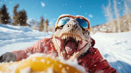 Naklejka premium A hilarious dinosaur wearing sunglasses and a winter jacket joyfully rides through snowy landscapes, blending humor and adventure in an imaginative and playful scene.