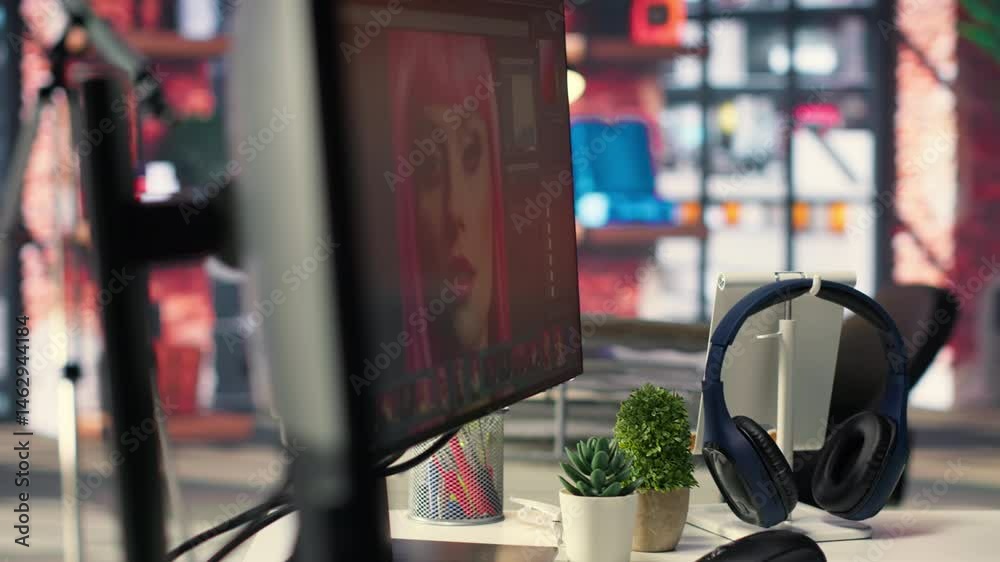 Poster modern creative office for a photo editor with ai and retouching software, showing an empty desk wit