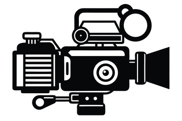 Black and white illustration presents a vintage film camera with intricate details