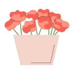 Cute potted red flowers vector illustration. Simple flat hand drawn design. Perfect for decoration, cards, prints, sticker. Cheerful botanical element in a pot. Isolated background
