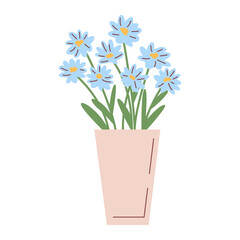 Charming potted blue flowers vector illustration. Simple hand drawn flat design. Perfect for spring themes, cards, decoration, sticker. Cute floral element in a vase or pot. Isolated background