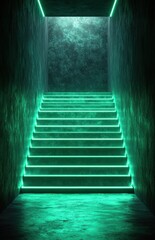 Glowing green neon stairs in dark concrete hallway