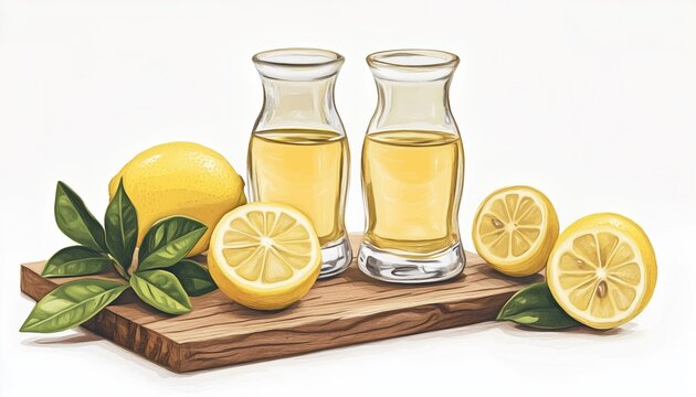 Italian Traditional Limoncello: Homemade Lemon Liqueur With Fresh Citrus On Vintage Wooden Board. Alcoholic Beverage With Selective Focus. Toned Image.