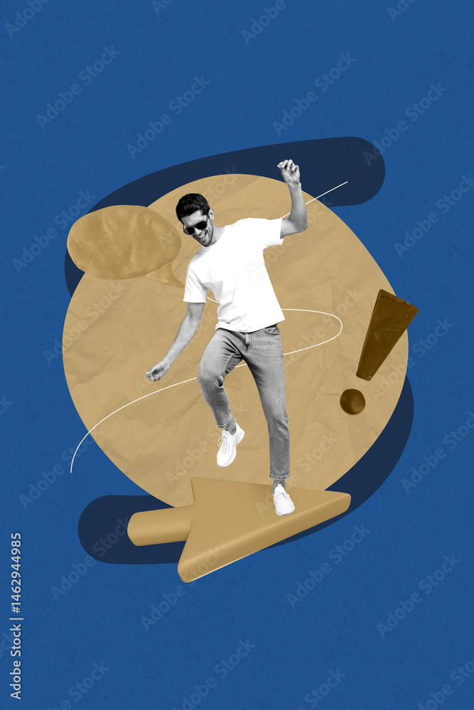 Aufkleber Poster image vertical photo collage of happy guy stand cursor arrow pointer bubble communication talk icon exclamation mark