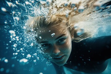 Blonde Surfer Girl Diving Under Waves: Embracing the Ocean Lifestyle Beneath a Big Blue Surf