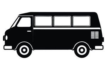Side view shows silhouette of classic black van with big windows and tires