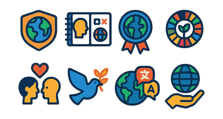 Flat vector icons of global awareness and citizenship: understanding global issues badge, learning about different cultures planner, participating in international programs badge, supporting global