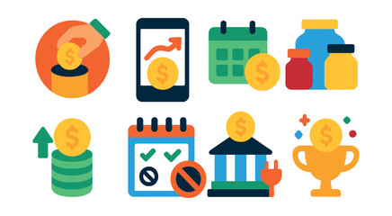 Flat vector icons of micro-savings strategies: saving spare change badge, using round-up saving apps badge, setting small daily saving goals badge, building savings jars badge, weekly saving