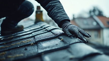 Roof Repair with Gloved Hand