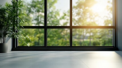 A serene interior space featuring large glass windows that open up to a lush green landscape, capturing natural light and creating a calming, inviting atmosphere.