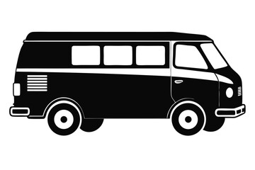 Vintage black and white van side silhouette shows classic transportation styling