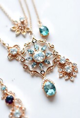 close up of a necklace on a white surface