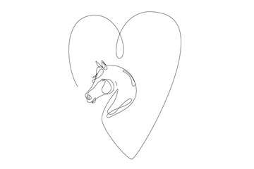 Line Art Horse Head. One Continuous Line Drawn Portrait. Lunar Calendar Symbol Mascot Animal. Wavy Curved Contour Sketch. Horse Graphic Thin Stroke Outline Design.  