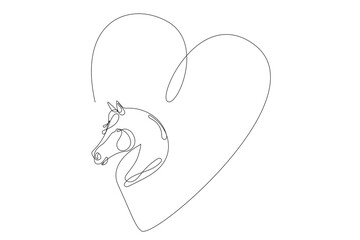 Line Art Horse Head. One Continuous Line Drawn Portrait. Lunar Calendar Symbol Mascot Animal. Wavy Curved Contour Sketch. Horse Graphic Thin Stroke Outline Design.  
