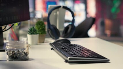 Empty desktop with futuristic software tools shows live AI brain processing on screen. Technology supports deep neural networks, pattern recognition and real time data science applications.