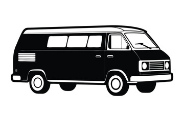 Silhouette of a classic campervan with windows, tires and details is depicted in black and white