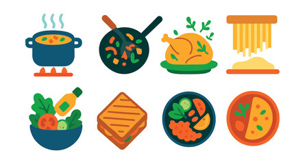 Fototapeta premium Flat vector icons of homemade meal ideas: soup simmering, stir fry in pan, roast chicken with herbs, fresh pasta making, salad bowl with dressing, grilled sandwich, grain bowl assembly, breakfast
