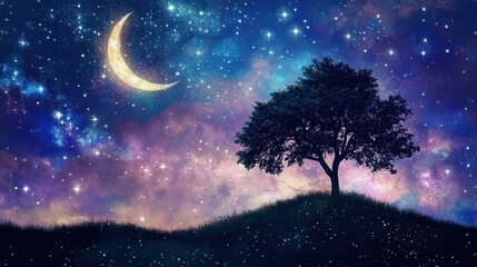 Stunning night sky scene, with a glowing moon high above a tree silhouette in the distance, on a hilltop with a dark horizon