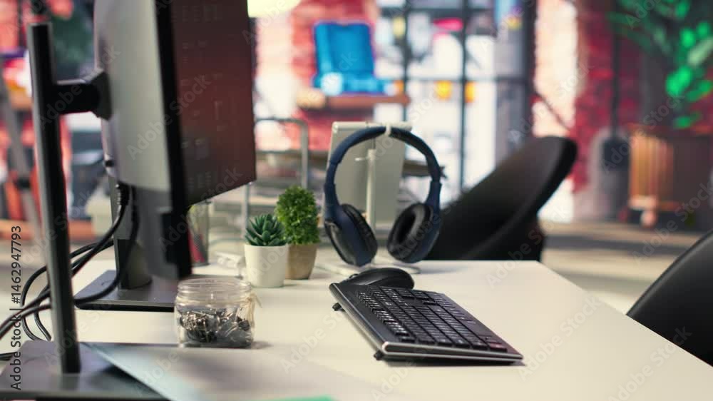  empty ai developer desk including a monitor filled with neural network data, highlighting cloud comp