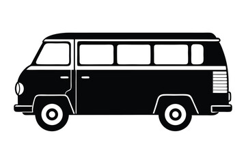 Solid black and white portrays a vintage van with its iconic side windows