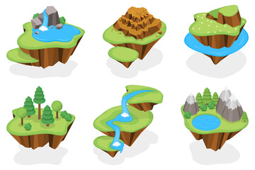 3D Isometric Flat  Illustration of Flying Islands, Floating Islands In The Sky