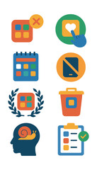 Flat vector icons of mindful app selection: uninstalling unnecessary apps badge, choosing purpose-driven apps badge, organizing home screens planner, promoting minimal app usage badge, curating
