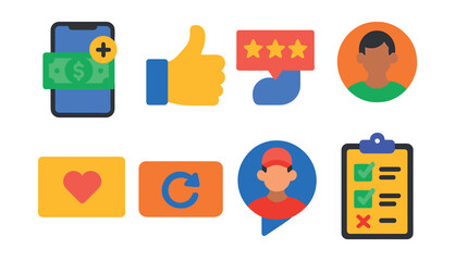 Flat vector icons of delivery customer interaction: tipping screen, thumbs-up feedback, review and stars icon, customer profile image, thank you note card, order again button, message courier option,