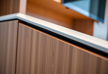 close up of a wooden cabinet with a window in the background