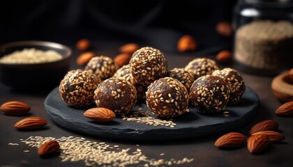 Orientalische Energy Balls mit schwarzem Sesam und Datteln