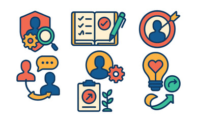Flat vector icons of career transitions: identifying transferable skills badge, upskilling for a new field planner, preparing for career change badge, networking in a new industry guide, updating