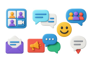 3D icon set of remote communication: video meeting tile, chat thread, emoji reaction icon, team reply, async message, announcement banner, collaboration bubble, comment pin.