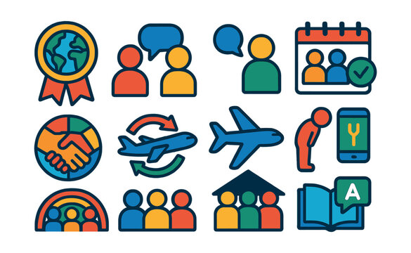 Flat vector icons of cultural competence skills: understanding global traditions badge, communicating across cultures badge, respecting cultural differences planner, participating in cultural