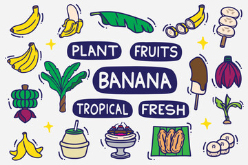 set of  banana doodle with color good for background, wallpaper, element design, icon, etc