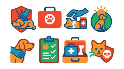 Flat vector icons of pet first aid basics: pet CPR steps badge, basic first aid kit for pets, wound care for animals guide, heatstroke prevention in pets badge, choking rescue maneuver for pets,