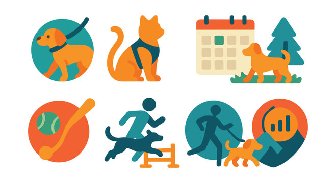 Flat vector icons of pet walking and exercise: dog walking leash badge, cat outdoor harness icon, daily dog park trip planner, interactive fetch toy badge, agility training course icon, jogging with